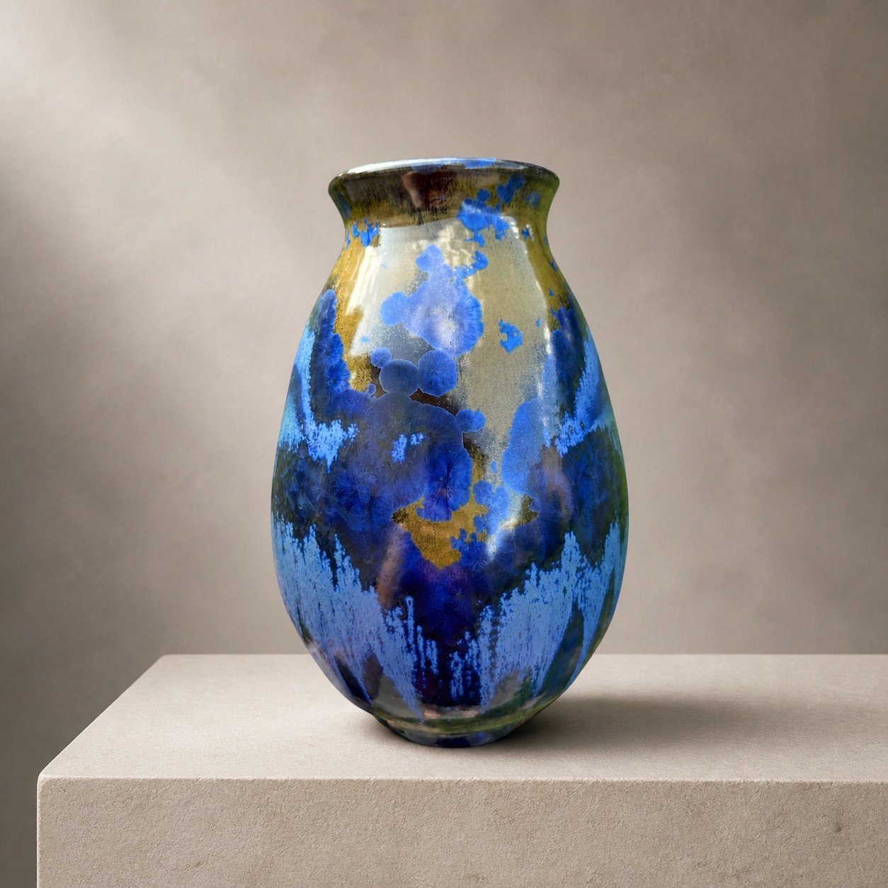 Blue and gold crystalline vase by Mark Barta