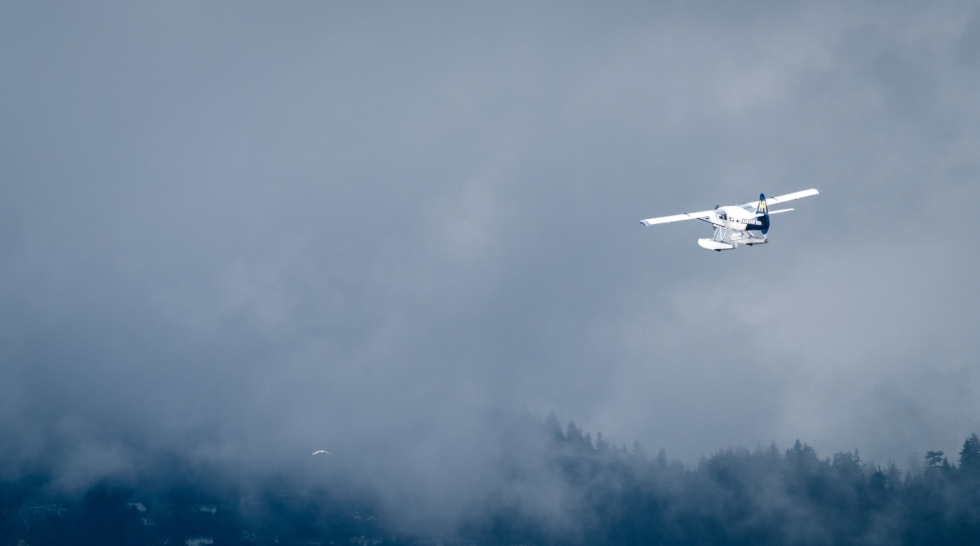 Small floatplane crossing a soft gray sky above Vancouver Harbour