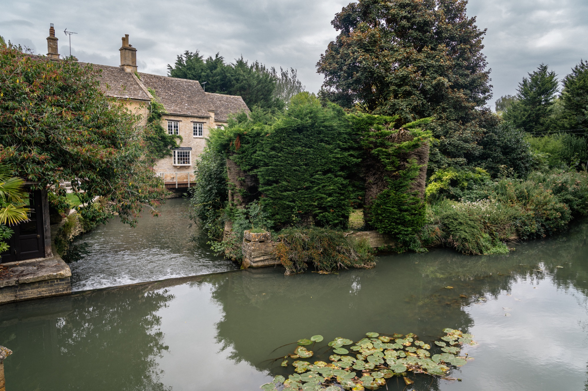 Cotswold stone cottage beside a quiet water garden with lily pads and layered greenery
