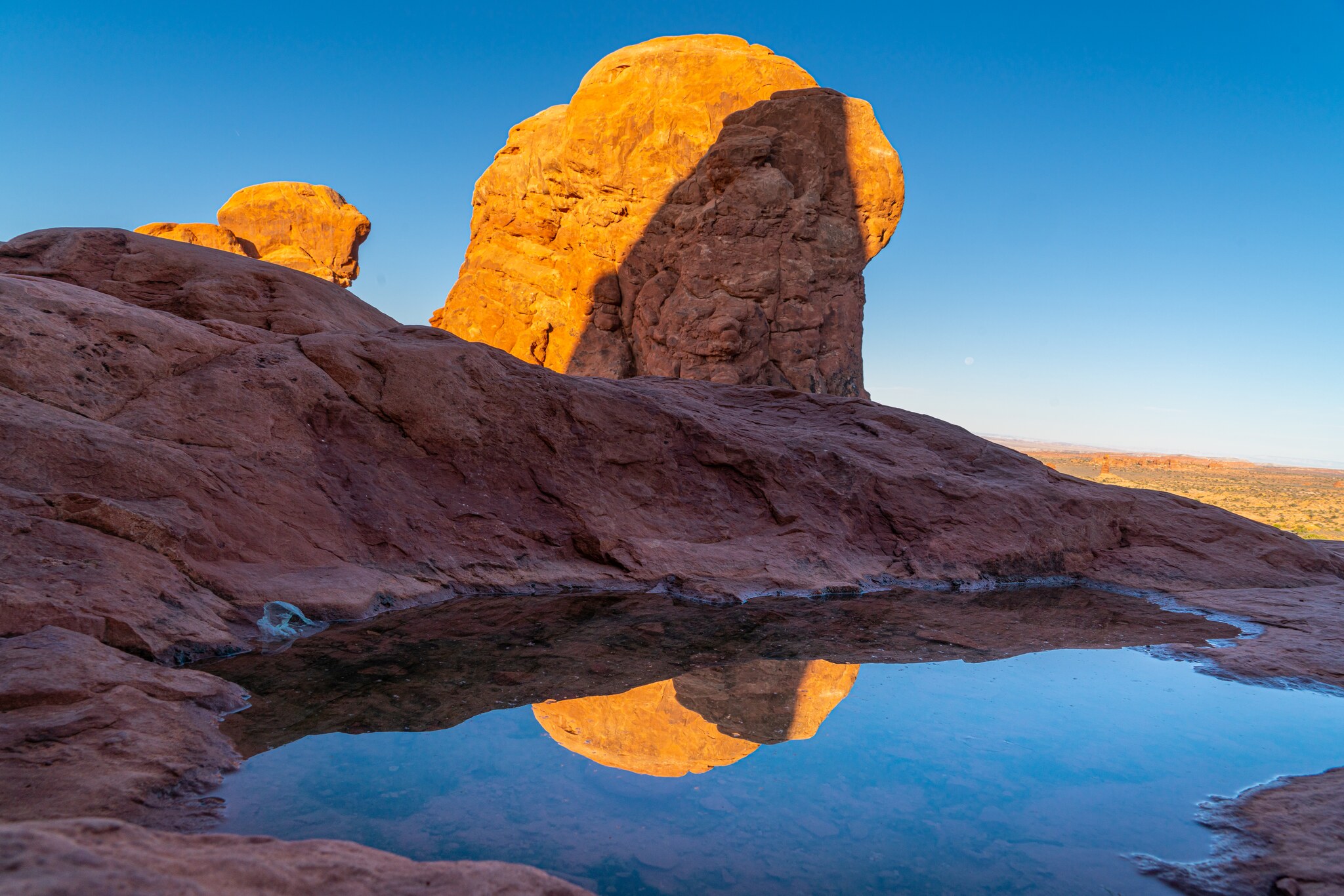 Sunlit golden sandstone tower mirrored in a rain-filled desert pothole above cool shaded slickrock